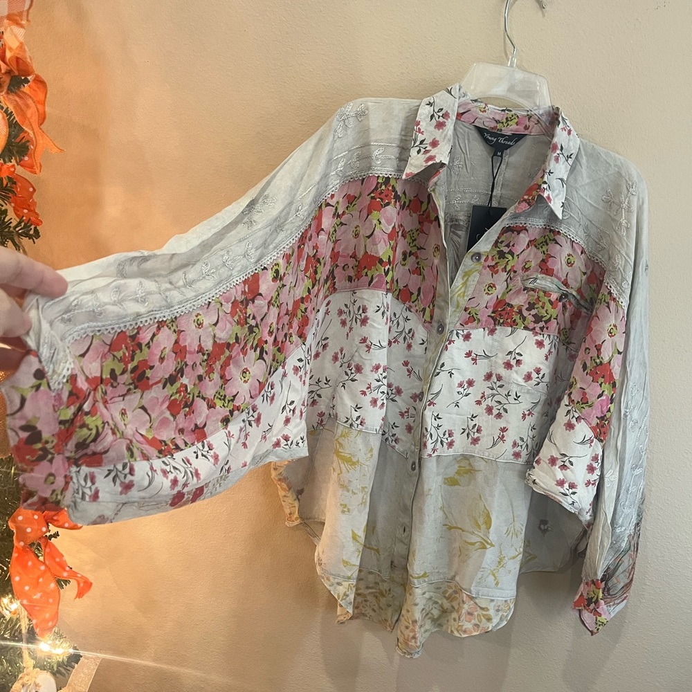 Floral Patchwork Button-Down Women's Top - Pink/W… - image 3